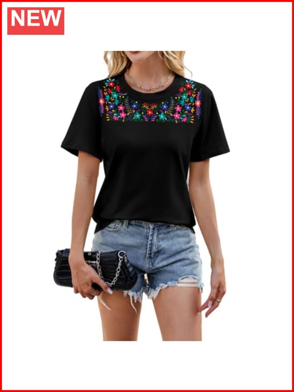 Women's Embroidered Mexican Fiesta T-Shirt Boho Floral Top